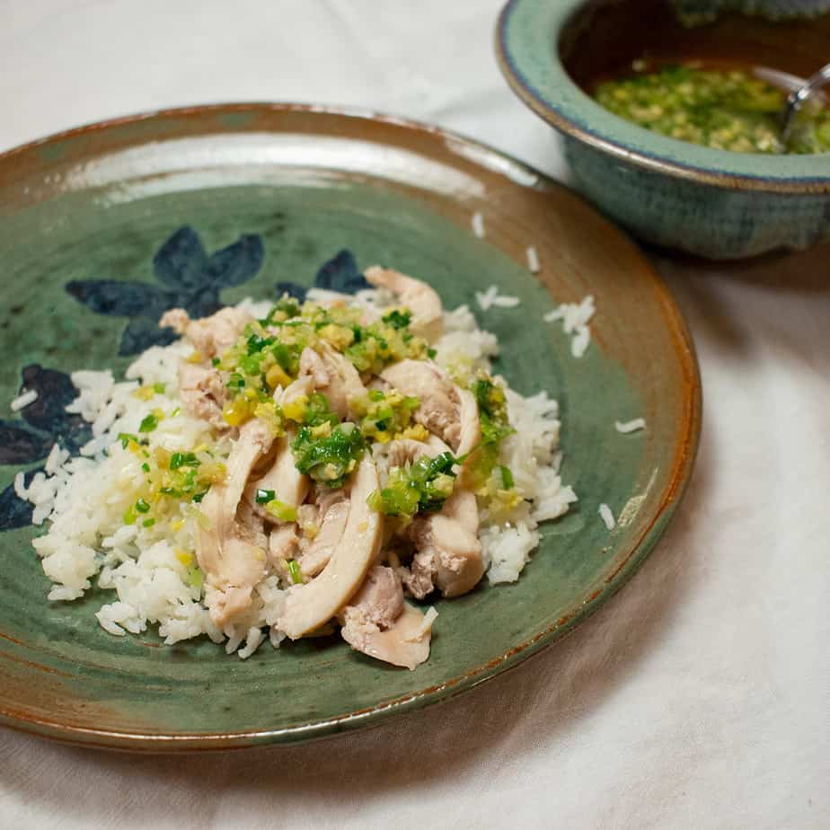 Chinese steamed chicken with ginger scallion sauce