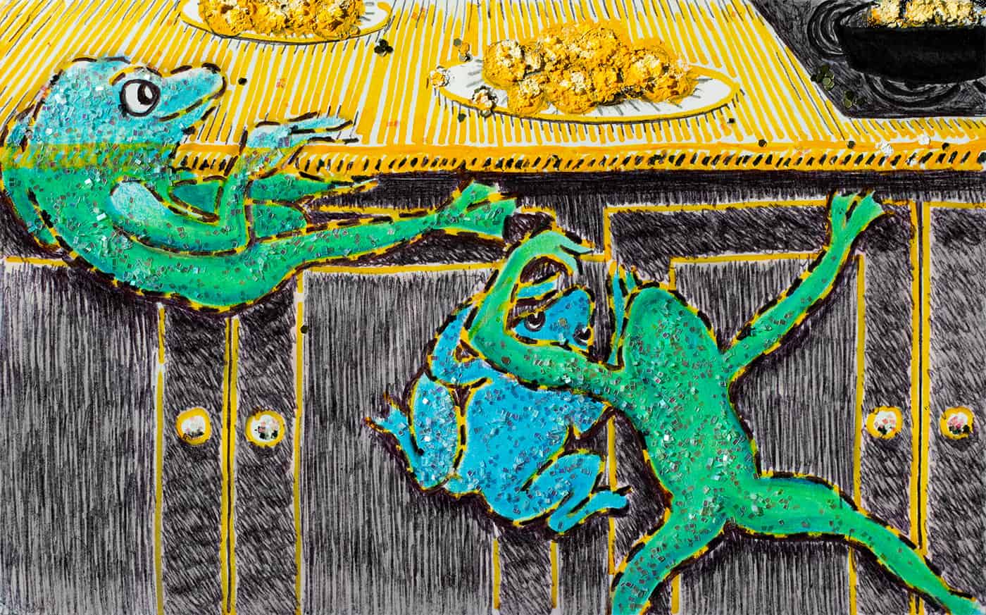 drawings of frogs sneaking up on a plate of potato latkes