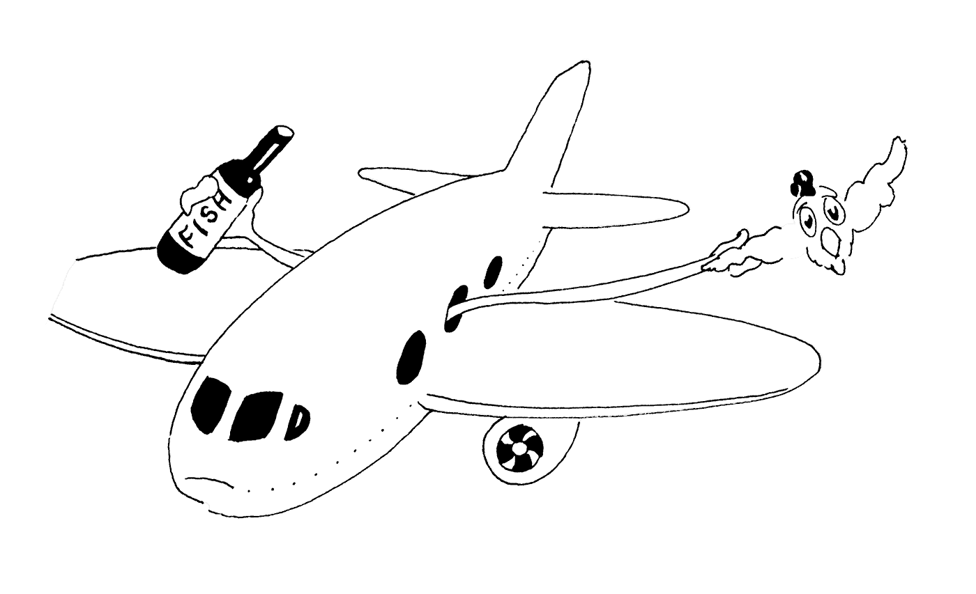 cartoon airplane with frog holding fish sauce and a chicken out the windows