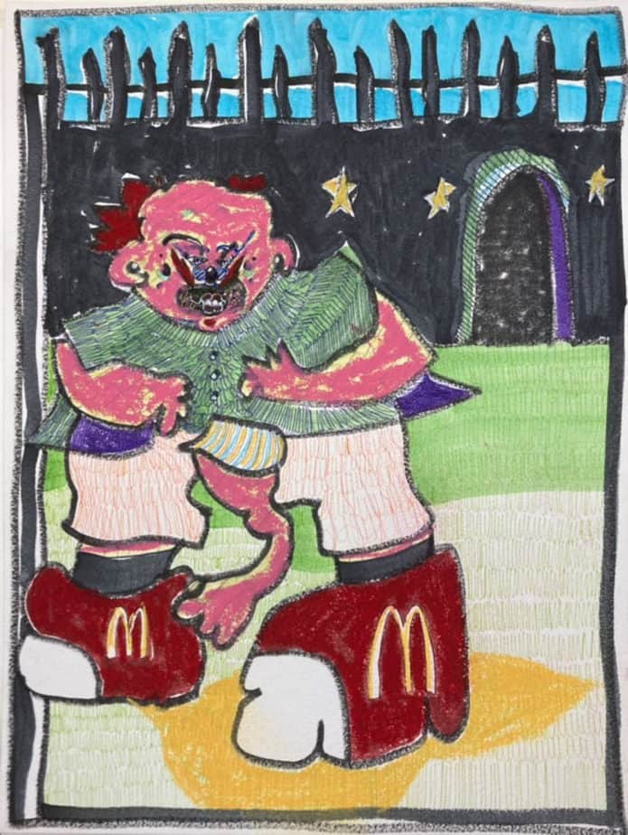 creature with third arm wearing clunky McDonald's boots