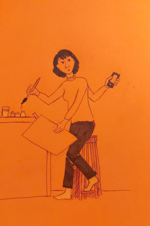 woman with third arm, painting on a piece of paper and holding a cell phone