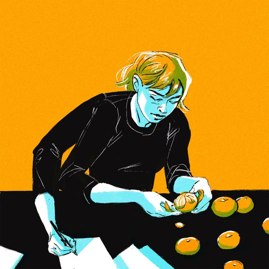 woman with a third arm, peeling clementines and writing on a piece of paper